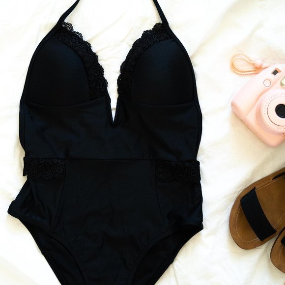 South Beach One Piece Swimsuit - Black Lace Trim - Picture 2 of 4